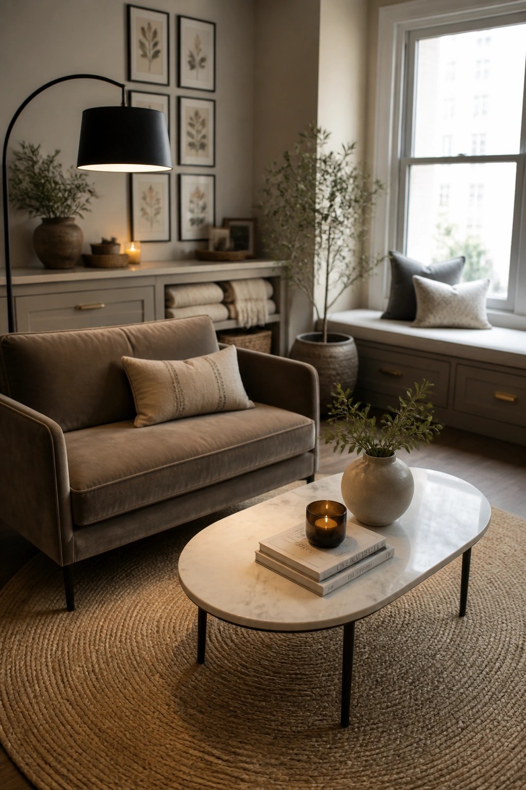 Living room with taupe sofa, oval marble coffee table on round jute rug, black floor lamp, and window seat with pillows.