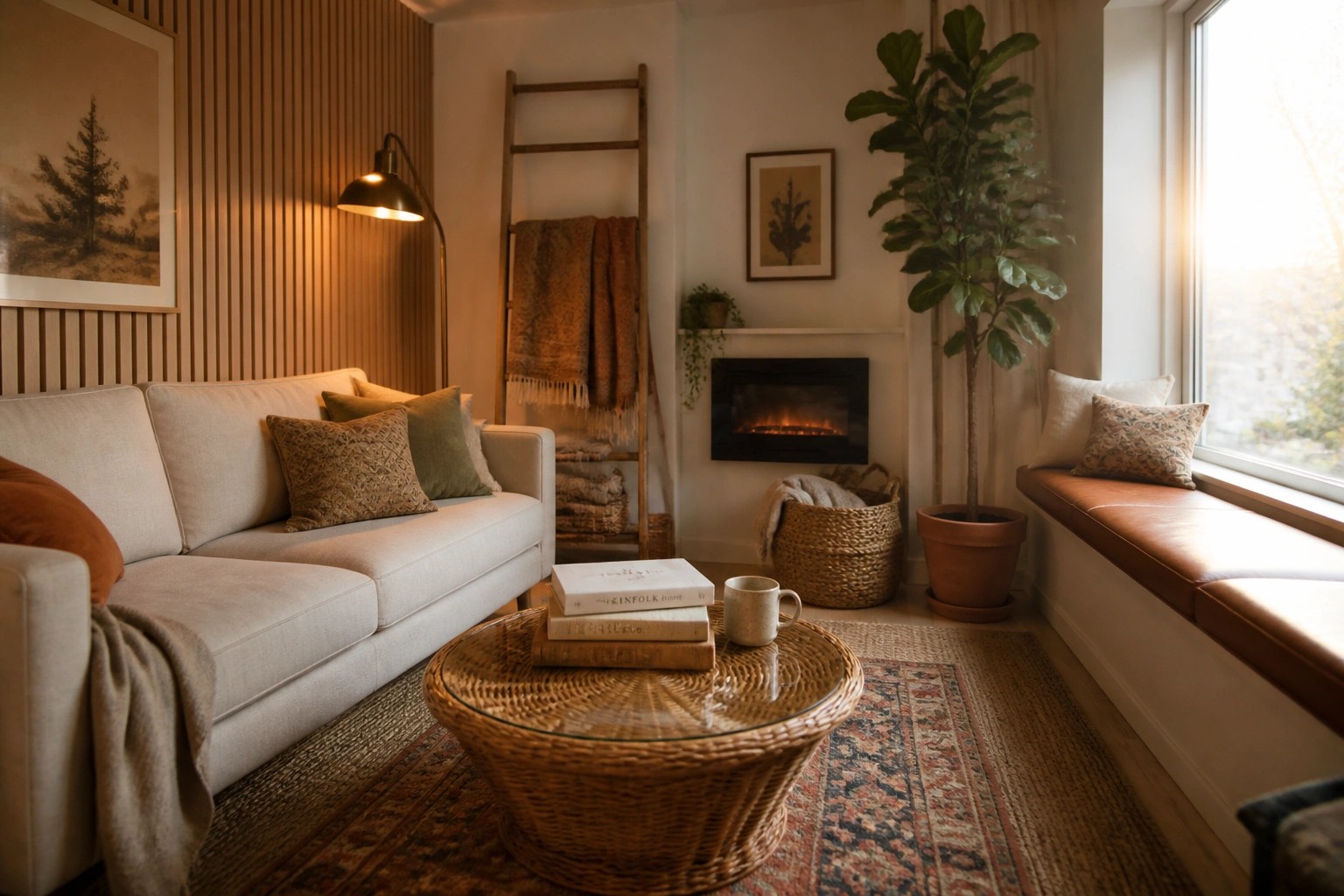 A small living room with a light sofa, round rattan coffee table holding stacked books and a mug, fireplace, and potted plant near a window.