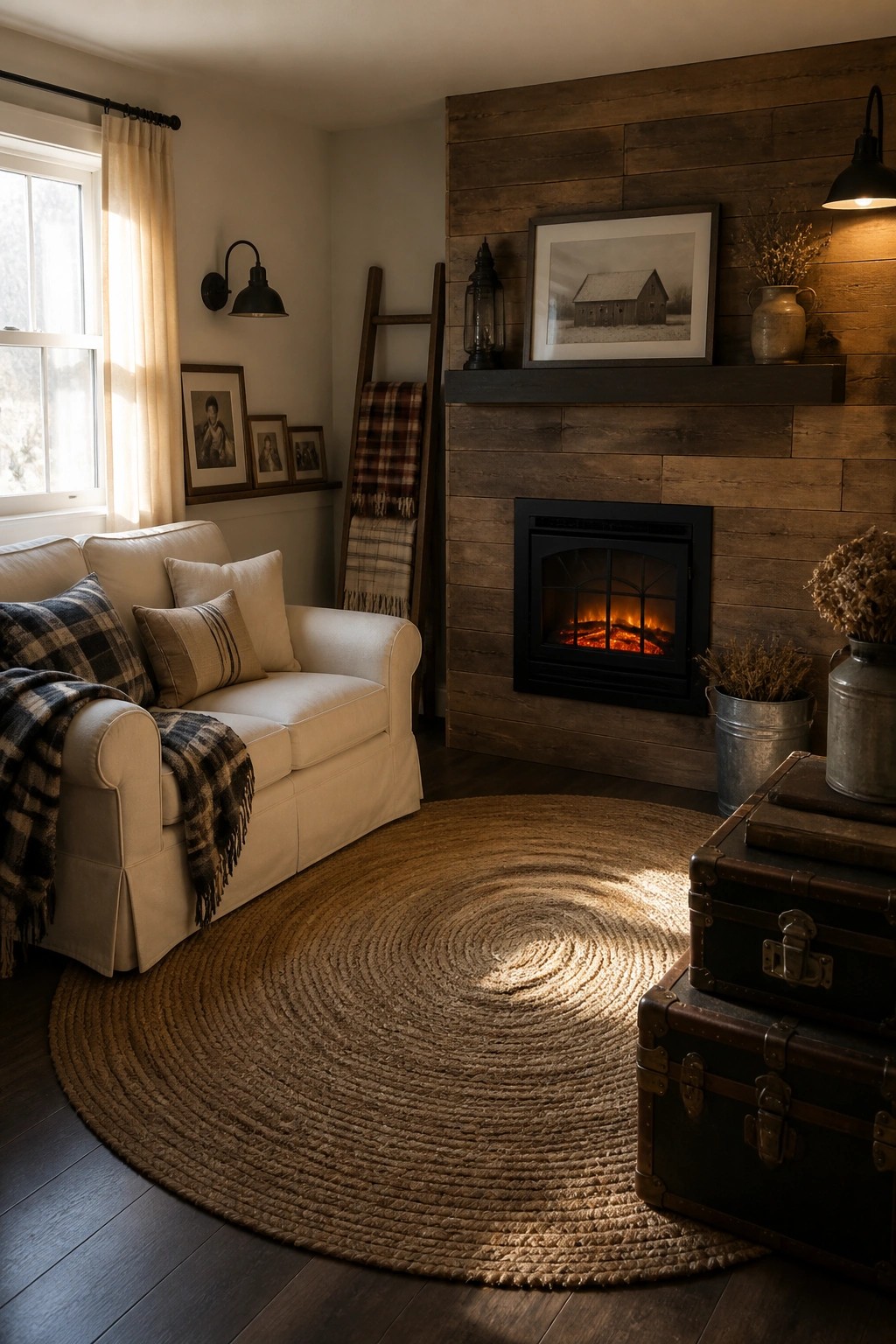 A living room featuring a white sofa, black fireplace on a wood wall, and a large circular jute rug on dark wood floors.
