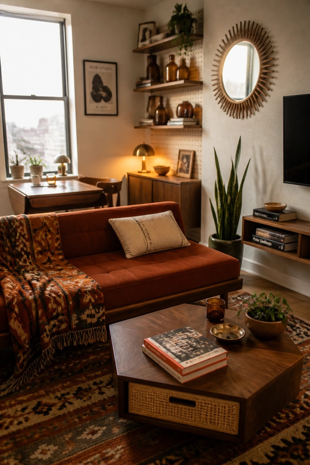 Cozy living room with red sofa, wooden coffee table, sunburst mirror, and plants.