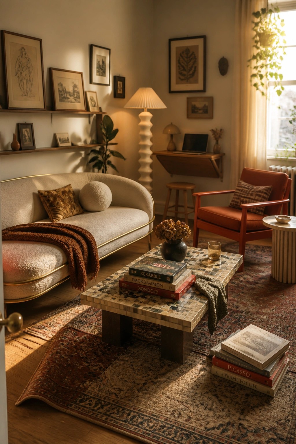 A small living room with a curved sofa, mosaic coffee table stacked with books, layered patterned rugs, an orange armchair, and framed art on the walls.