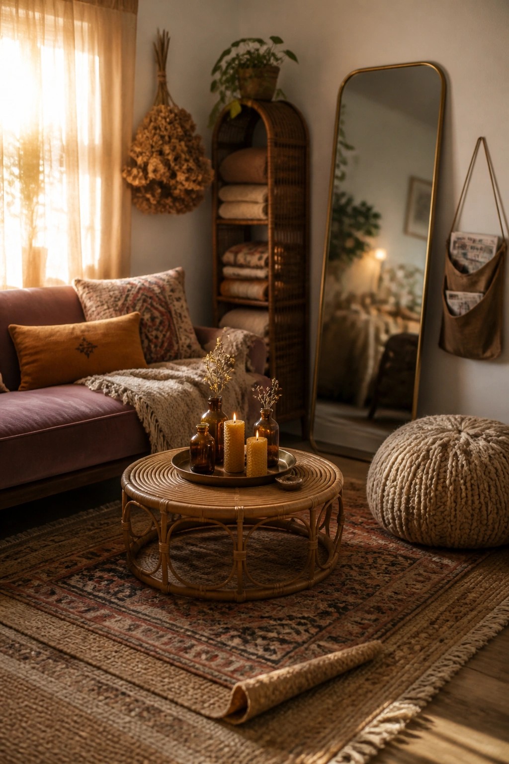 Cozy bohemian living room with purple sofa, rattan table, lit candles, and mirror