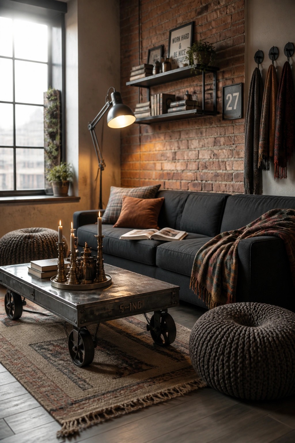 A compact living room featuring a dark gray sofa against an exposed brick wall, a rolling metal coffee table with candles, two knitted poufs, and layered textiles including a plaid pillow and fringed throw.