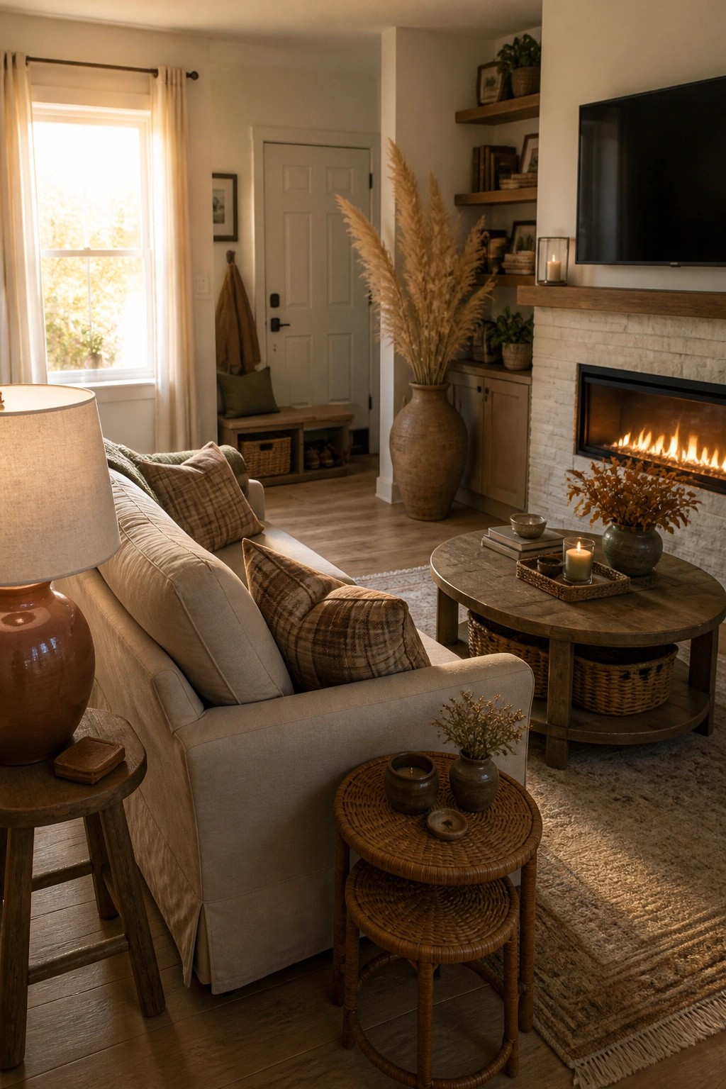 A cozy living room featuring a beige sofa with plaid pillows, a round wooden coffee table with candles, woven side tables, and a lit fireplace.
