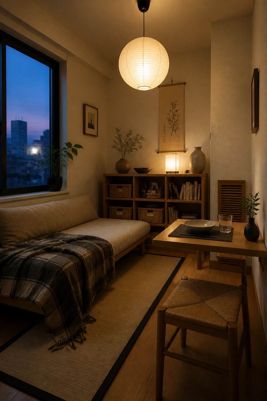 A compact living room with a wooden daybed along the wall, a low table, woven stool, and low shelving unit beneath a paper lantern.