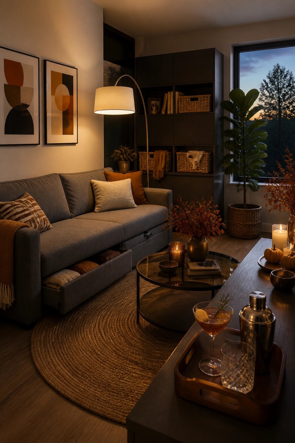 Cozy living room with gray sofa, round rug, cocktail tray, and warm evening light.
