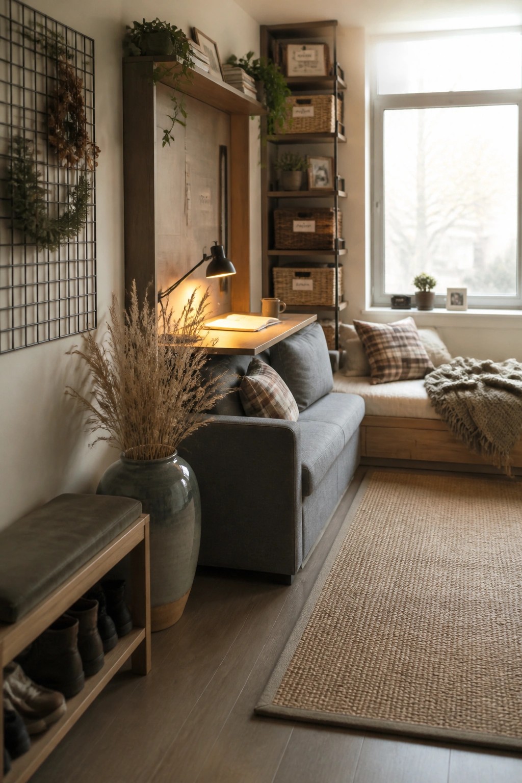 A narrow living room with a gray sofa, wall-mounted desk holding an open book and lit by a black lamp, tall shelves with woven baskets, and a window seat with pillows.