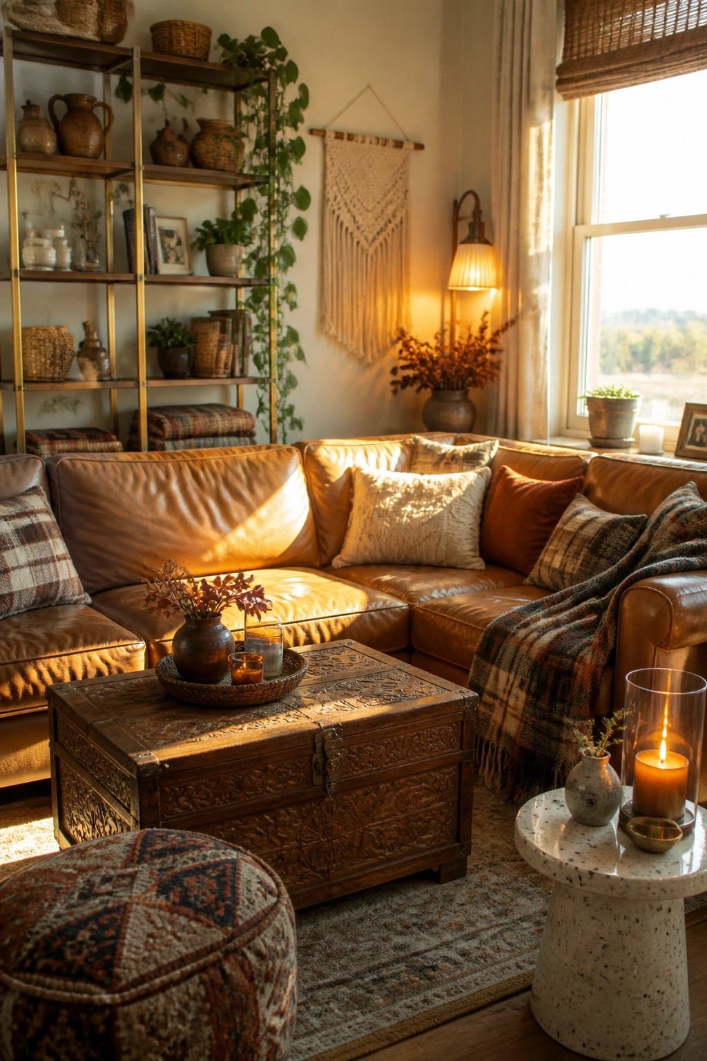 A cozy living room featuring a brown leather sectional sofa, a large carved wooden trunk used as a coffee table, and various fall textiles and candles.
