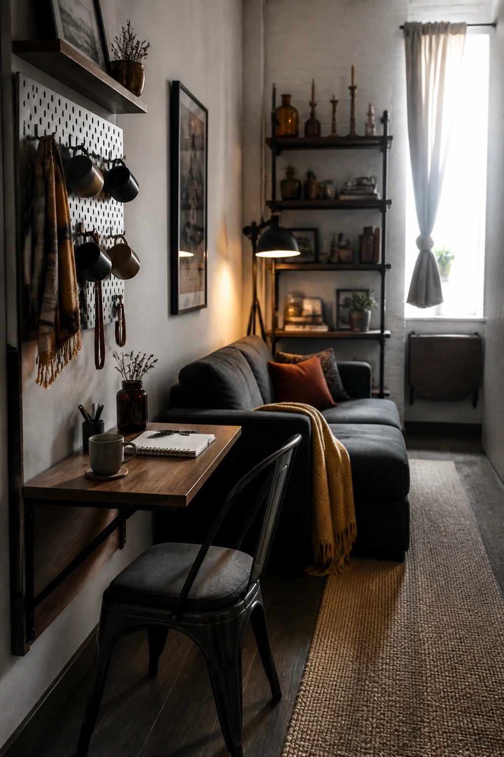 A compact living room featuring a wall-mounted wooden desk with a black metal chair, gray sectional sofa, pegboard storage on the wall, and dark shelves in the background.