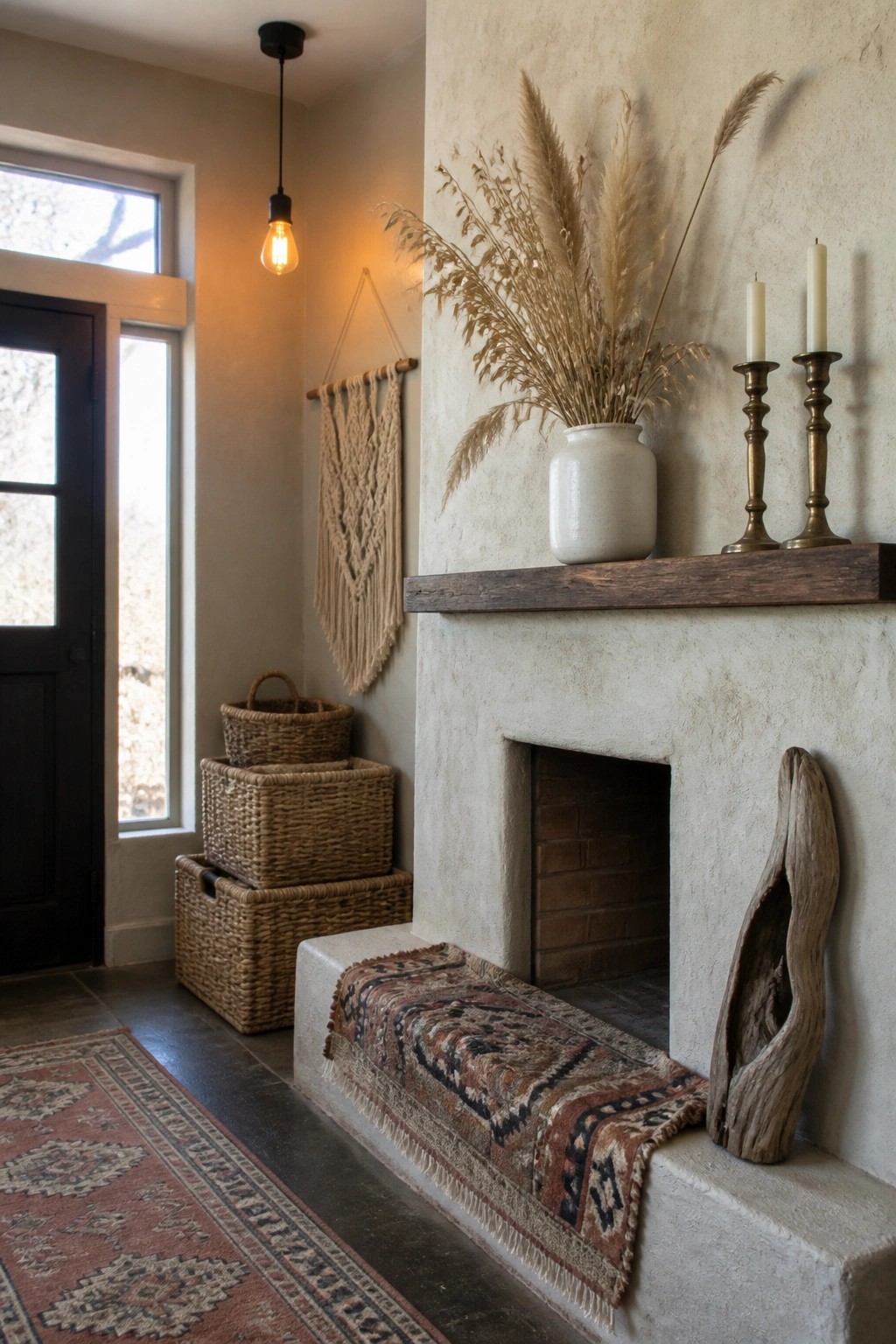 A white vase of tall dried grasses sits on a dark wooden mantel above a plaster fireplace, with two brass candle holders placed to one side.