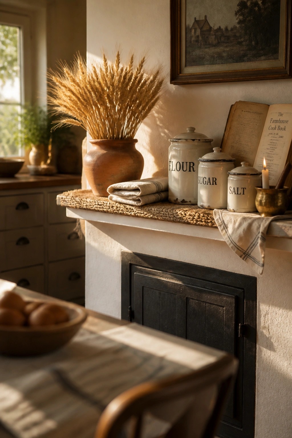 A rustic kitchen mantel displays a terracotta vase filled with dried wheat, three labeled enamel canisters, folded linens on a woven mat, and an open cookbook beside a small lit candle above a black stove.