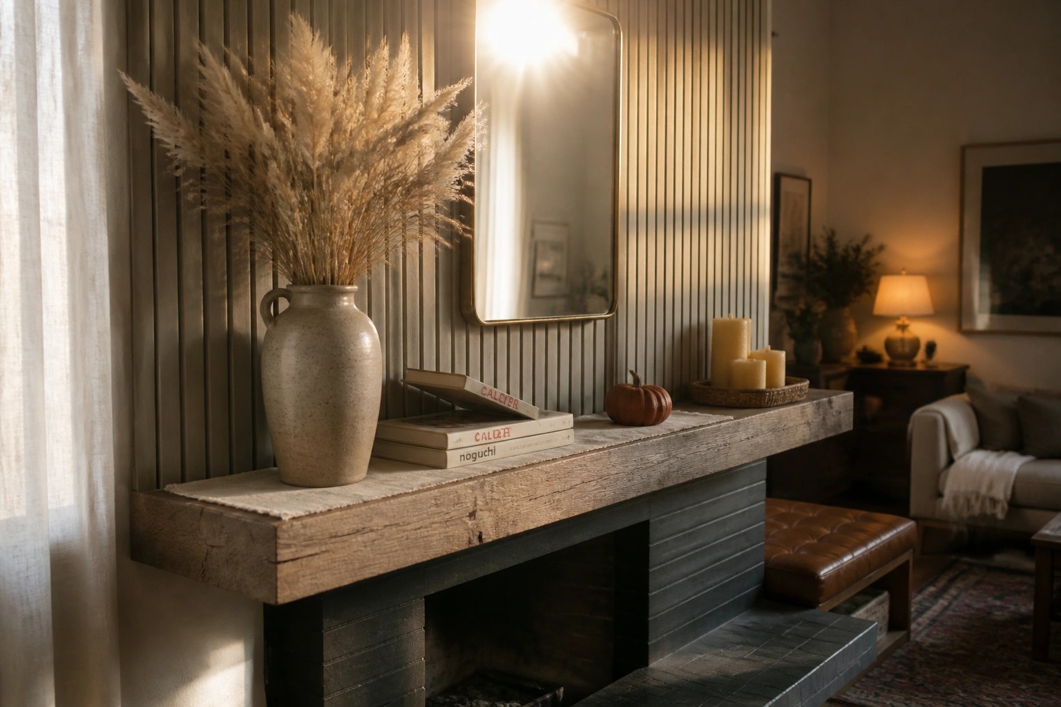 A wooden mantel over a dark tiled fireplace holds a ceramic vase of dried pampas grass, two stacked books, a small pumpkin, and a basket of pillar candles, with a large mirror mounted on the wall above.