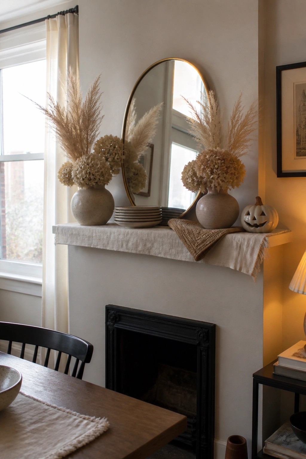 A black fireplace mantel topped with a light fabric runner, two ceramic vases holding dried pampas grass and hydrangeas, a round mirror, stacked plates, and a small white pumpkin.