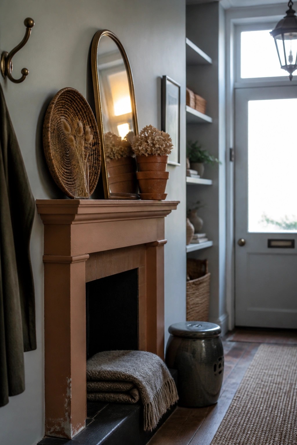 A peach-colored fireplace mantel holds a gold mirror, woven tray, and several terracotta pots filled with dried flowers.