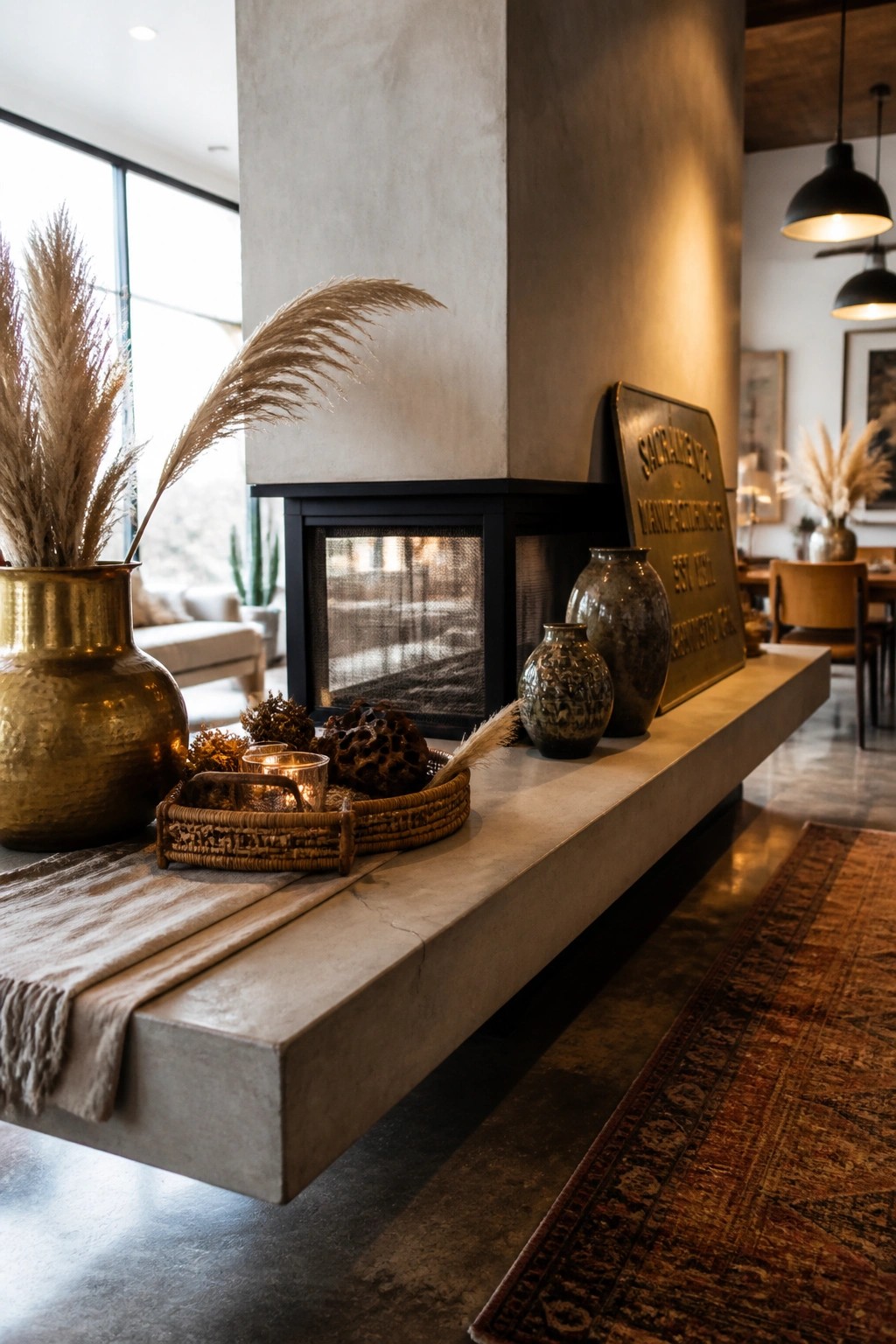 A concrete floating mantel in front of a black fireplace holds a large brass vase with tall dried grasses, two woven baskets with candles and dried botanicals, and several ceramic vases.