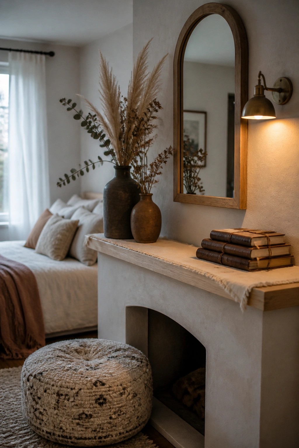 A bedroom fireplace mantel with two ceramic vases holding dried grasses and a stack of old books beside an arched wood mirror and wall sconce.