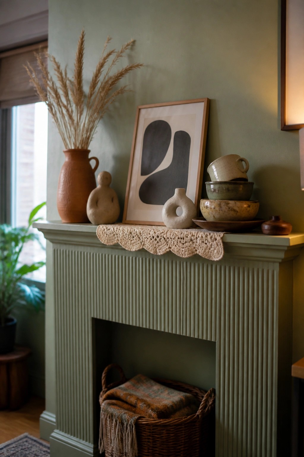 A sage green mantel holds dried pampas grass in a terracotta vase, a small clay figure, a framed abstract print, stacked ceramic bowls, and a crocheted runner across the top.