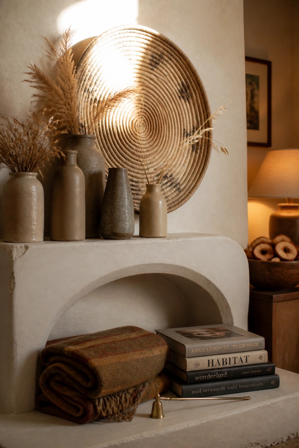 A white mantel holds several ceramic vases with dried grasses, a large woven basket on the wall, stacked books, and a folded striped blanket below.