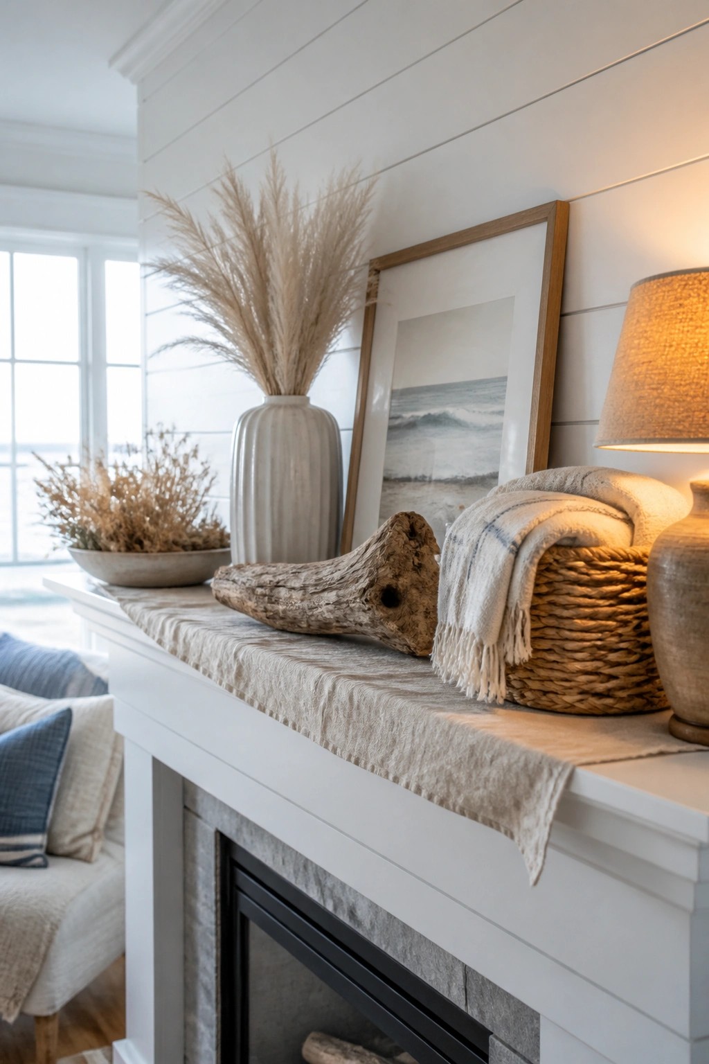 White fireplace mantel with pampas grass vase, driftwood, basket, and ocean art.