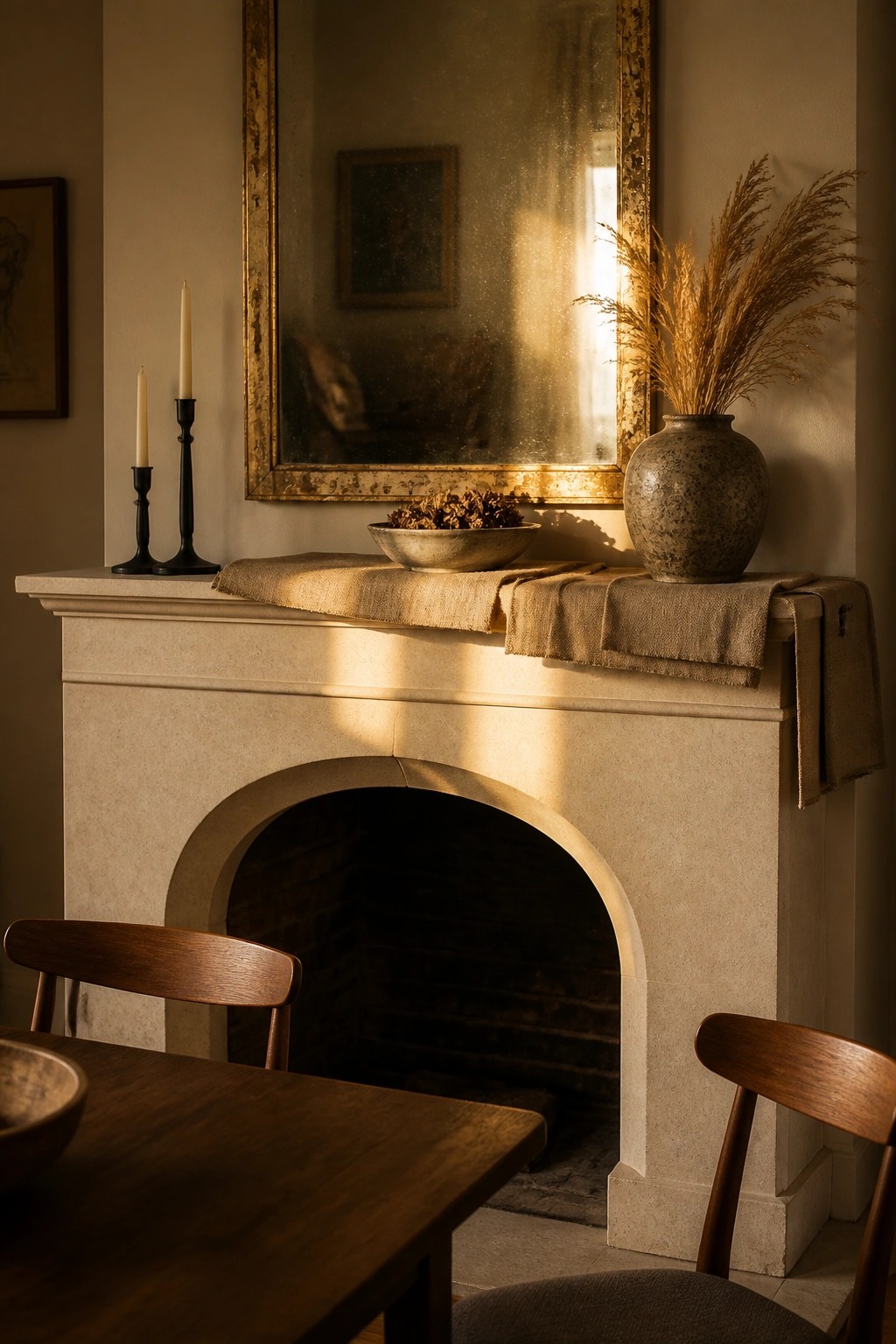 A stone fireplace mantel with a draped beige fabric runner, a speckled vase holding dried grasses, two black candlesticks, and a bowl of dried items, lit by sunlight from the side.