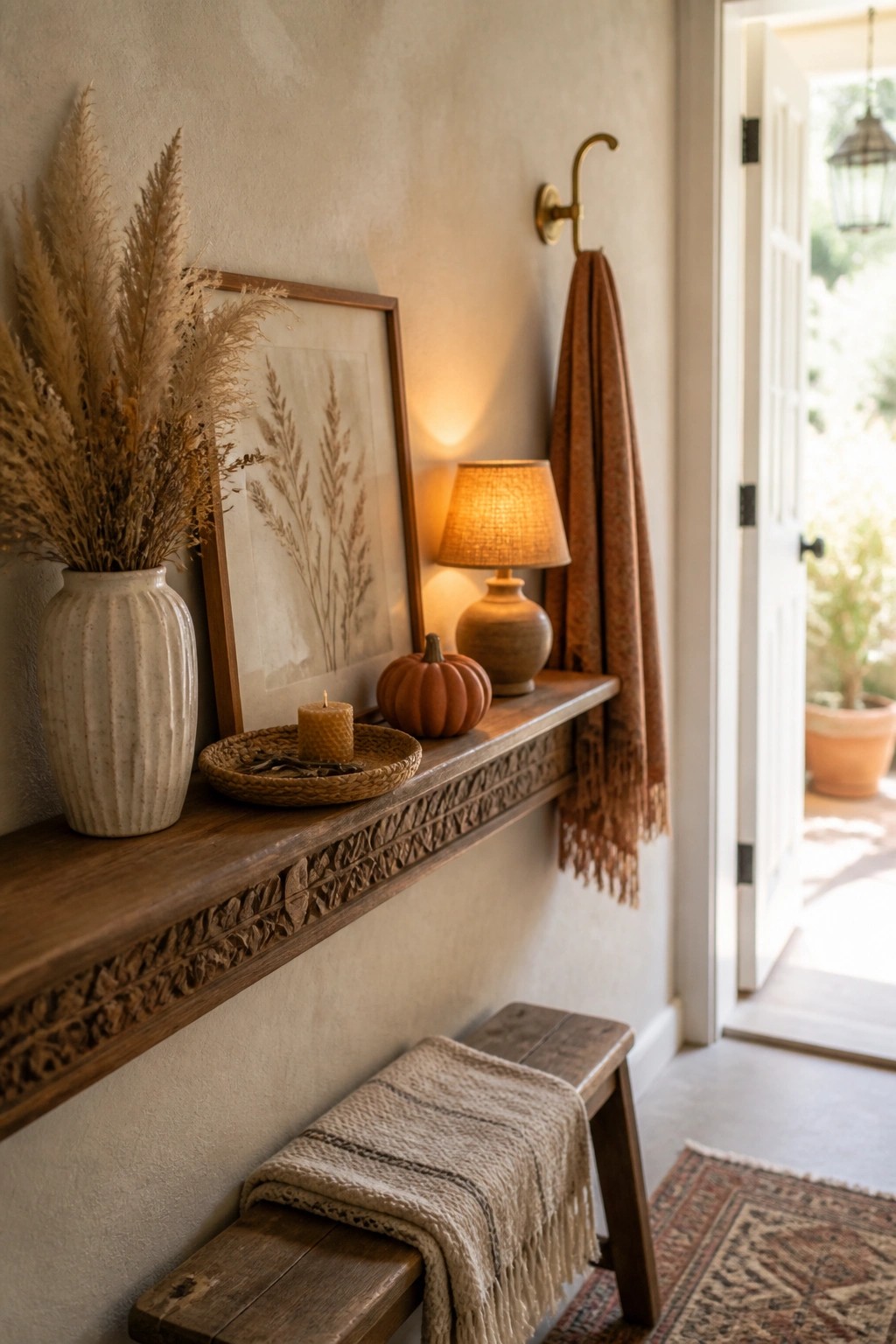 A wooden wall shelf holds a vase with dried grasses, a framed print, a small lamp, a pumpkin, and a woven tray with a candle, while a blanket rests on a bench below.