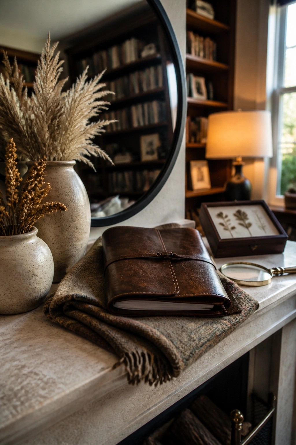 A stone mantel holds two speckled ceramic vases with dried grasses, a brown leather journal resting on a folded wool blanket, a brass magnifying glass, and a framed botanical print next to a round mirror.