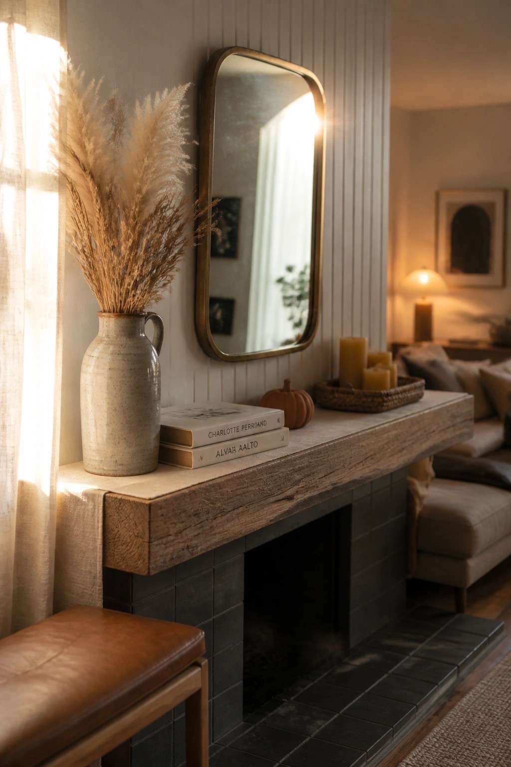 A wooden mantel over a dark tiled fireplace holds a ceramic vase of dried pampas grass, two stacked books, a small pumpkin, and a basket of pillar candles, with a large mirror mounted on the wall above.