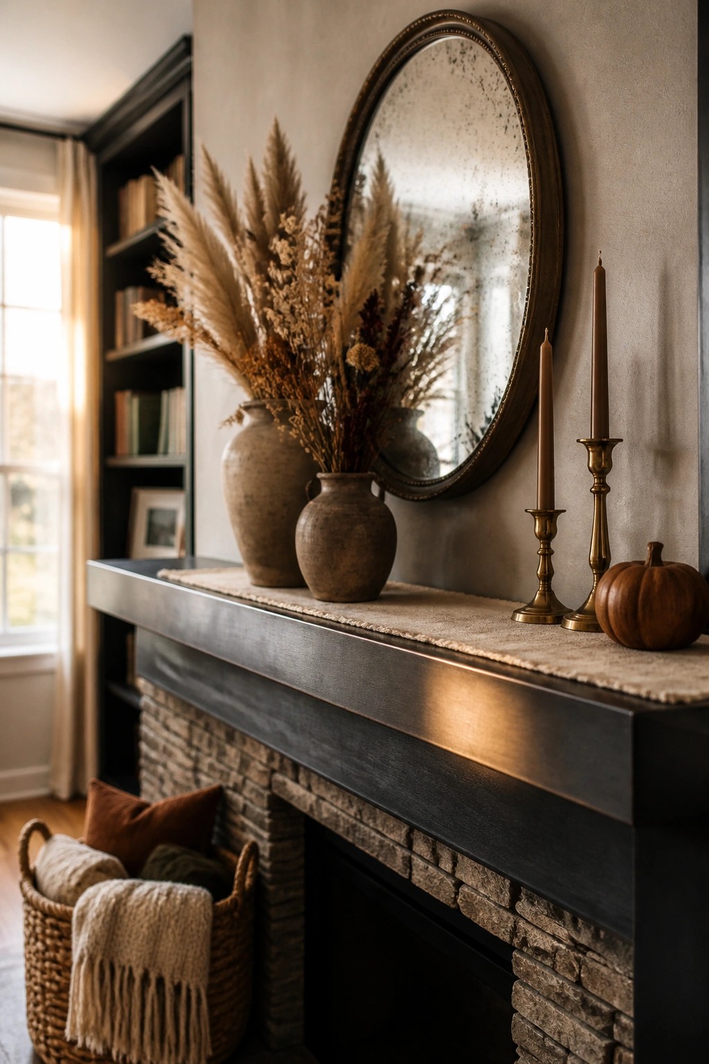 A stone fireplace mantel with a dark wood top holds two clay vases filled with dried grasses and flowers, two brass candlesticks with brown tapers, a small pumpkin, and a round mirror above, with a woven basket of blankets on the floor below.