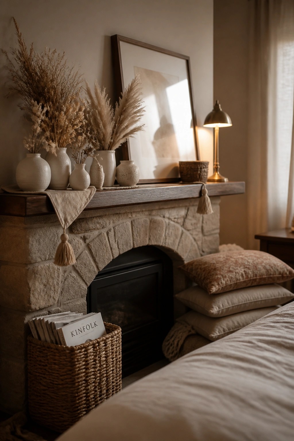 A stone fireplace with a wooden mantel holding white vases filled with dried grasses, a framed print, a small lamp, and a basket of magazines on the floor beside stacked pillows.