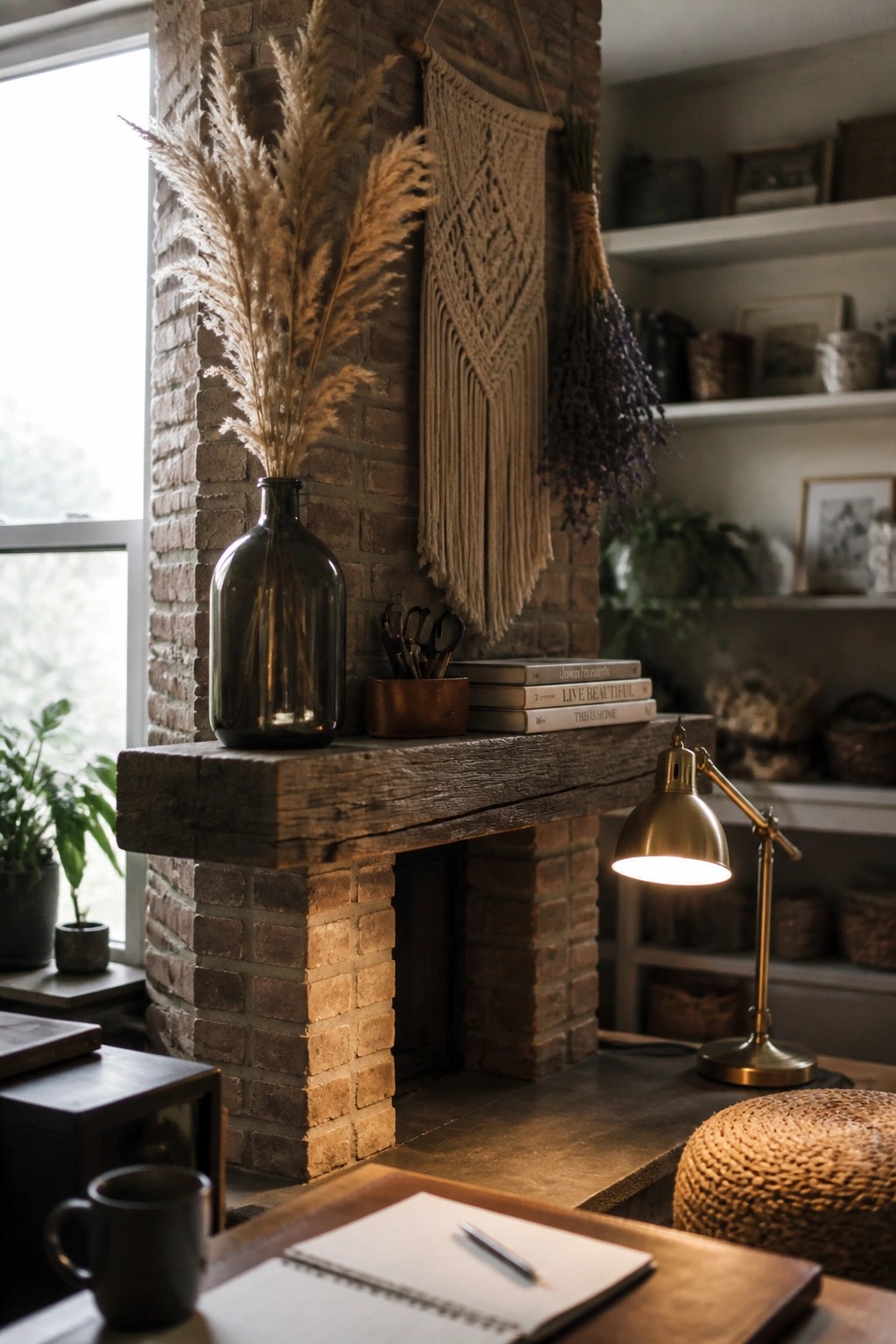 A rustic wooden mantel on a brick fireplace holds a large glass vase with dried pampas grass, a macrame wall hanging, stacked books, scissors in a copper container, and a lit brass desk lamp.