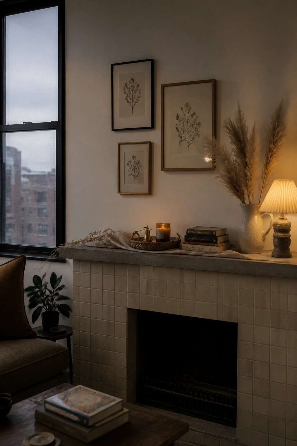 Cozy tiled fireplace mantel with books, lamp, candle, pampas grass, and botanical prints