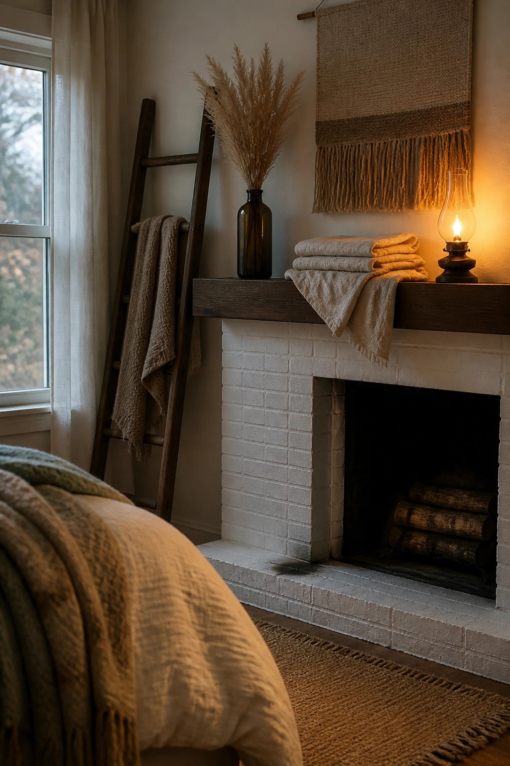 A white brick fireplace mantel holds stacked folded textiles, a dark glass vase with dried pampas grass, and a lit oil lamp, with a woven wall hanging above.