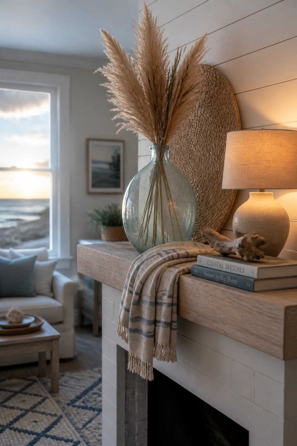 A fireplace mantel with a large glass vase of dried pampas grass, a round woven wall hanging, stacked books, a ceramic lamp, and a striped throw draped over the edge.