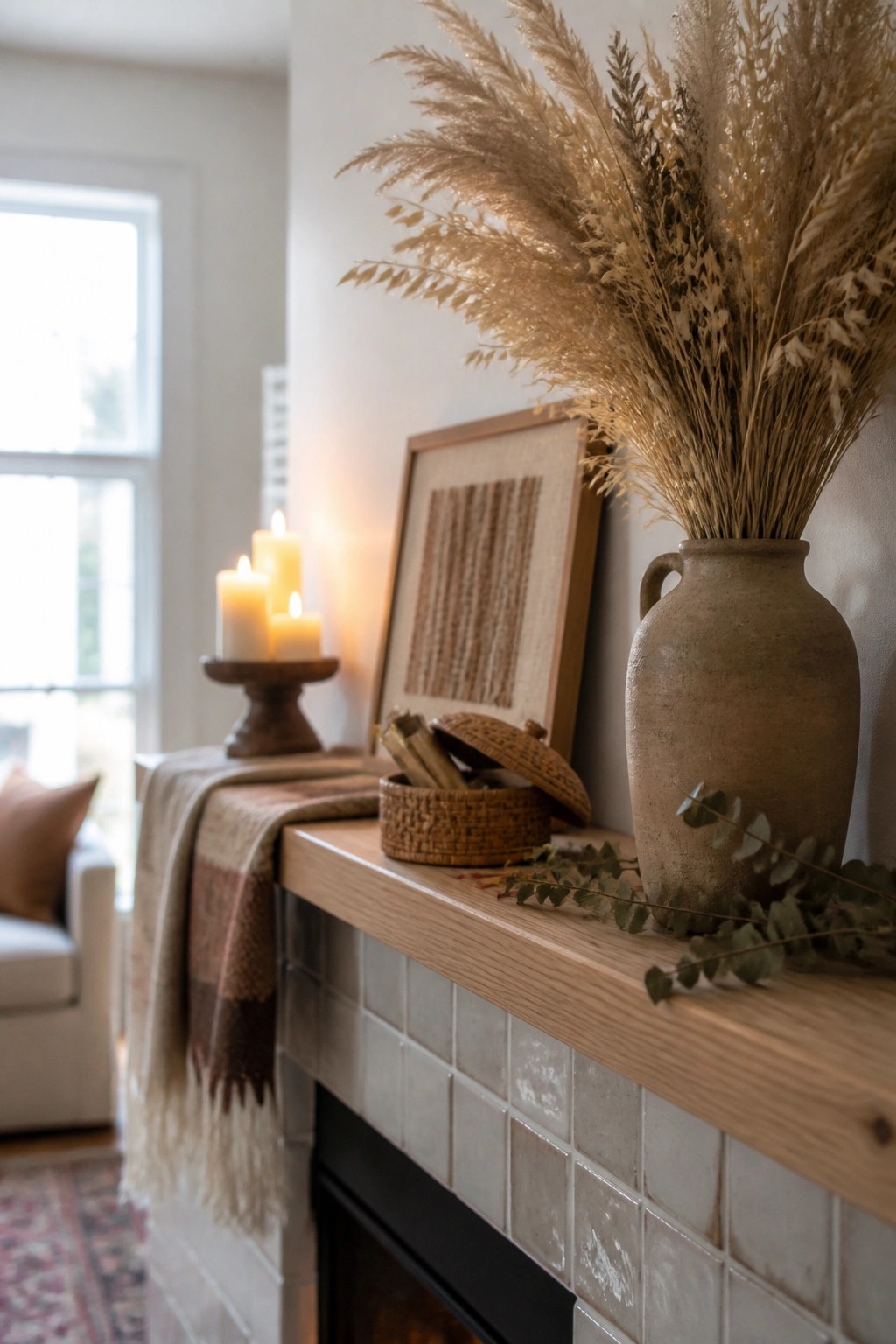 A wooden mantel on a tiled fireplace holds a large clay vase of dried grasses, three lit candles, a framed textile art piece, and a small woven basket.