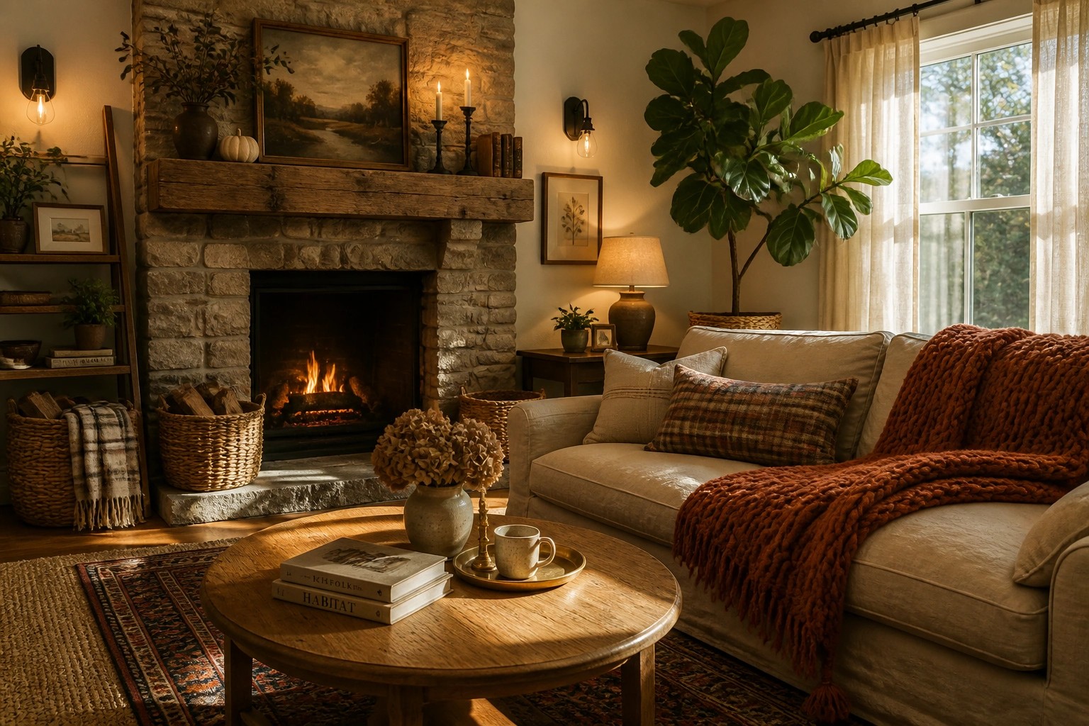 A living room featuring a stone fireplace with a lit fire, a white sofa with an orange chunky knit throw and plaid pillow, a round wooden coffee table, and a large potted plant near a window.