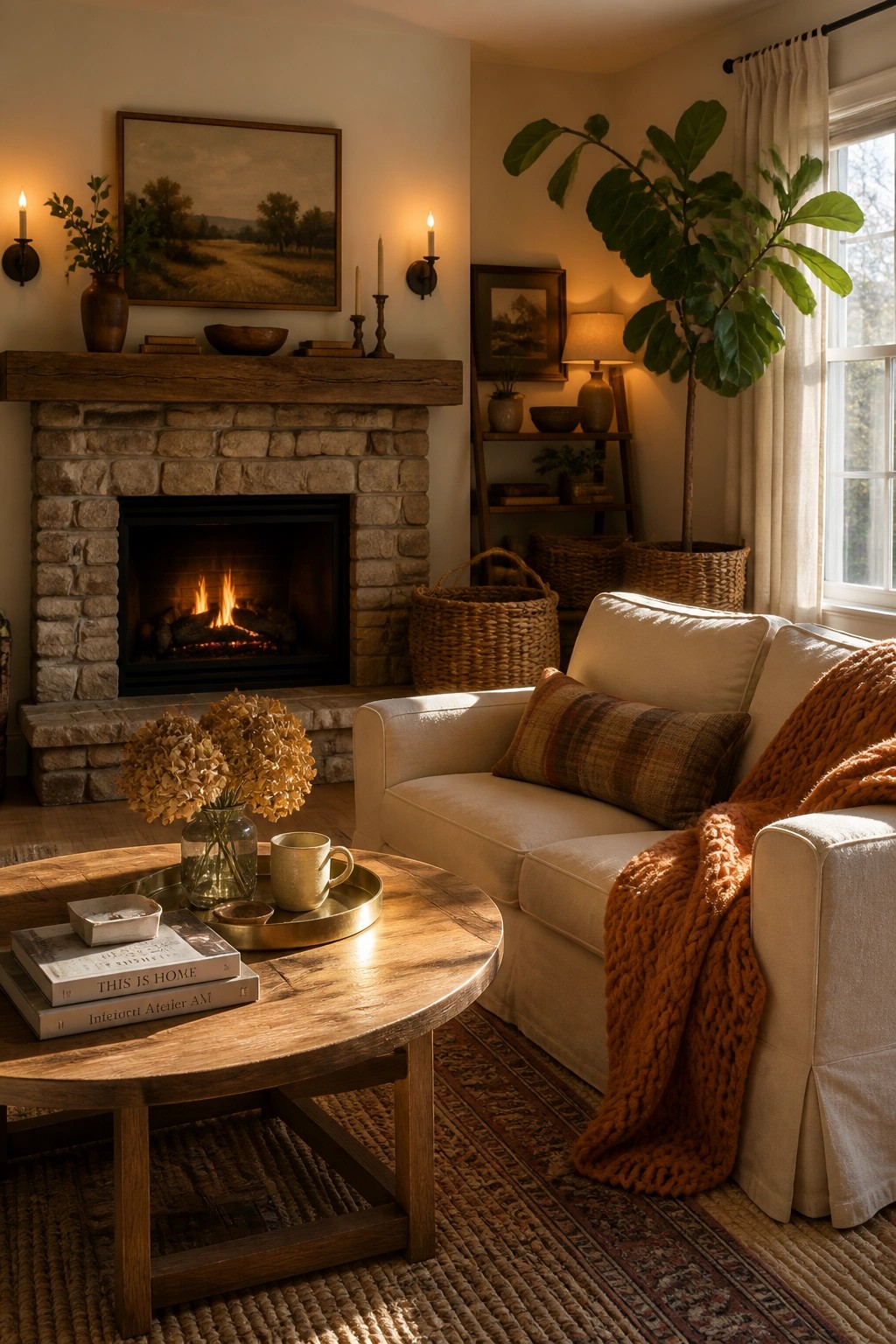 A living room featuring a stone fireplace with a lit fire, a white sofa with an orange chunky knit throw and plaid pillow, a round wooden coffee table, and a large potted plant near a window.