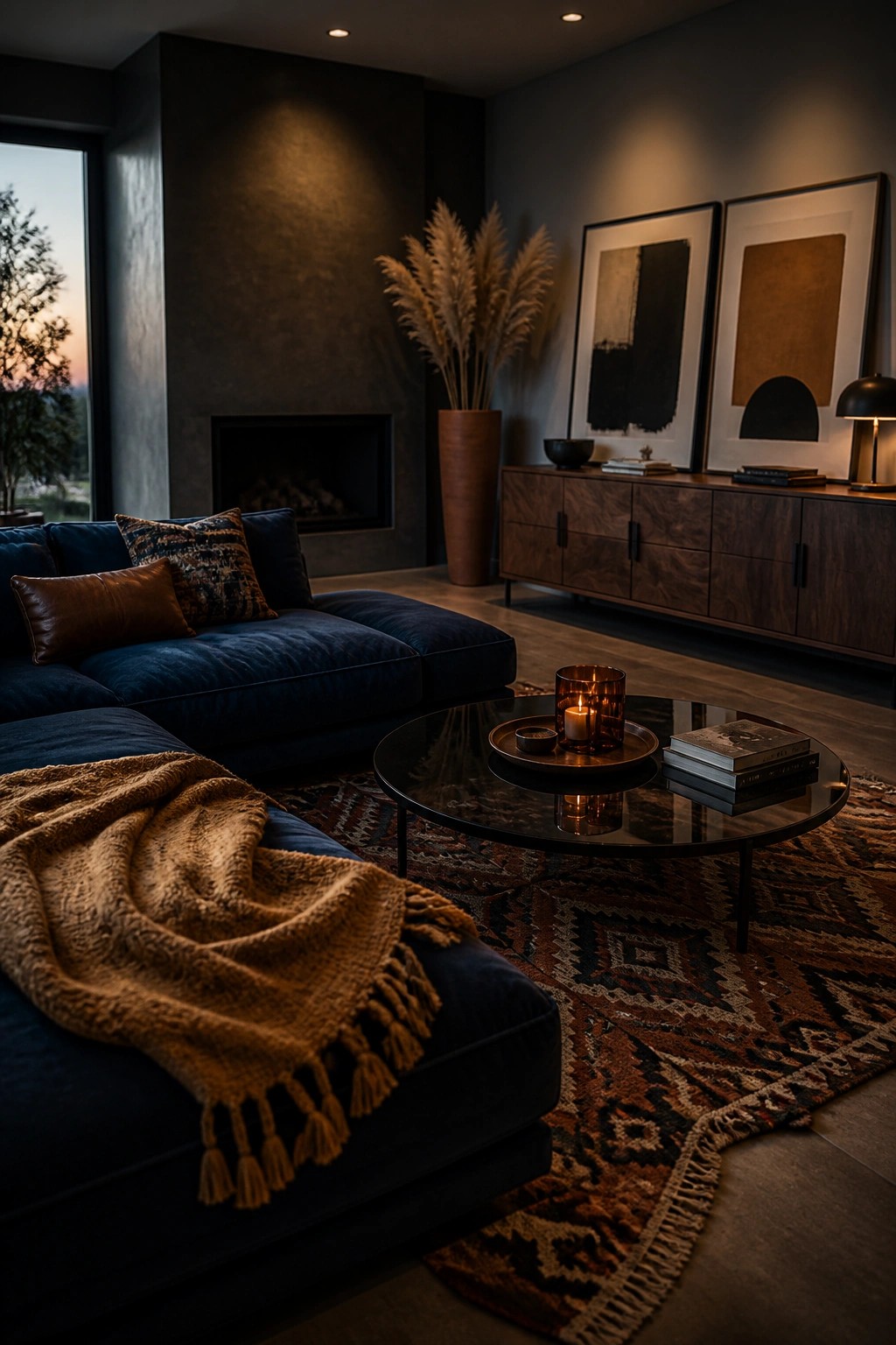A modern living room with a dark blue sectional sofa covered by a brown fringed throw, a round glass coffee table on a patterned rug, and a fireplace in the background.