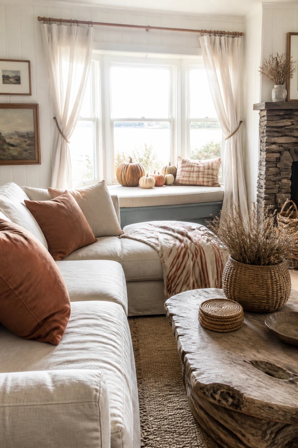 A living room interior showing an L-shaped white sectional sofa with rust and beige pillows, a striped throw blanket, a rustic wood coffee table, and a window seat with small pumpkins.