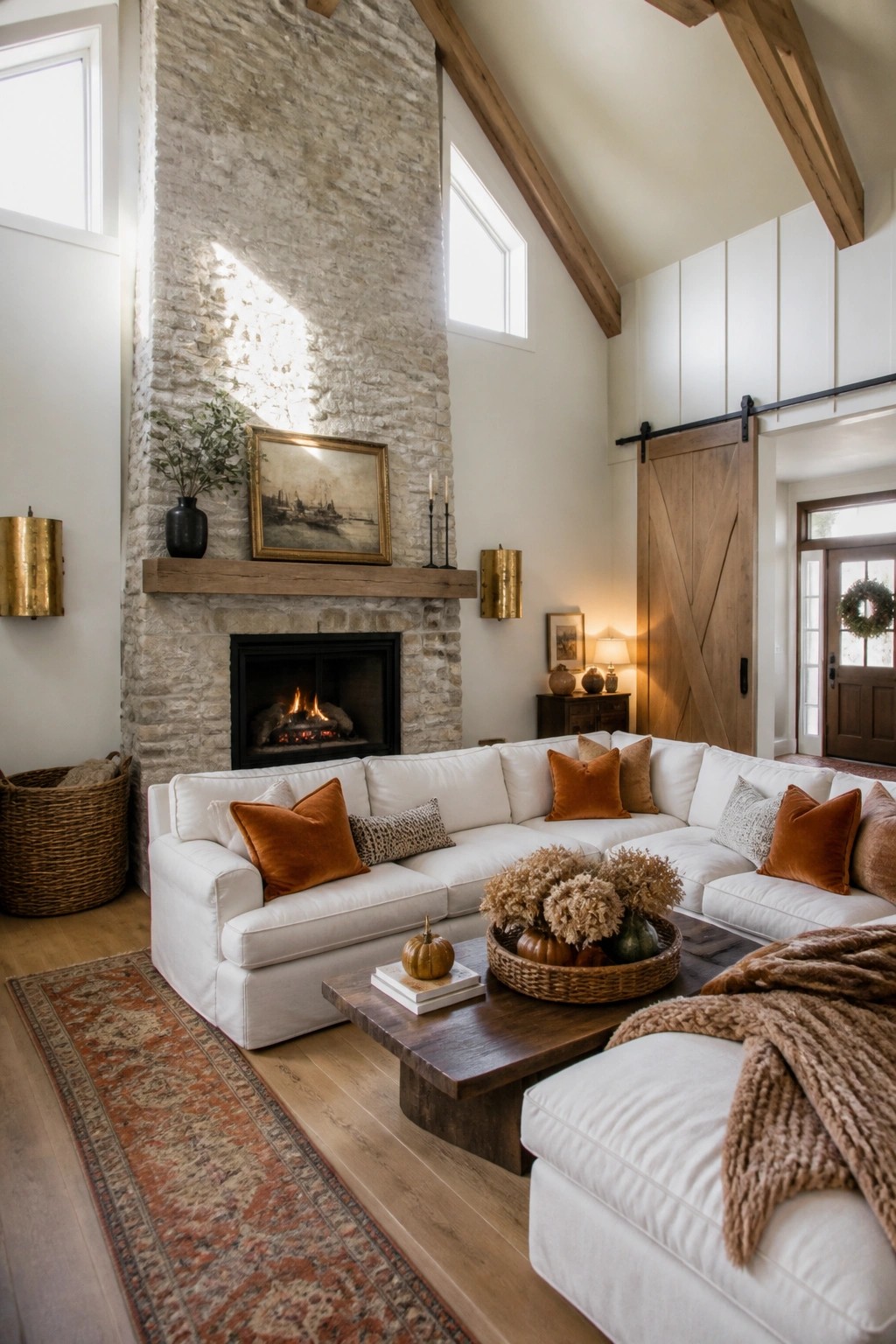 Cozy living room with white sectional sofa, stone fireplace, and autumn decor.
