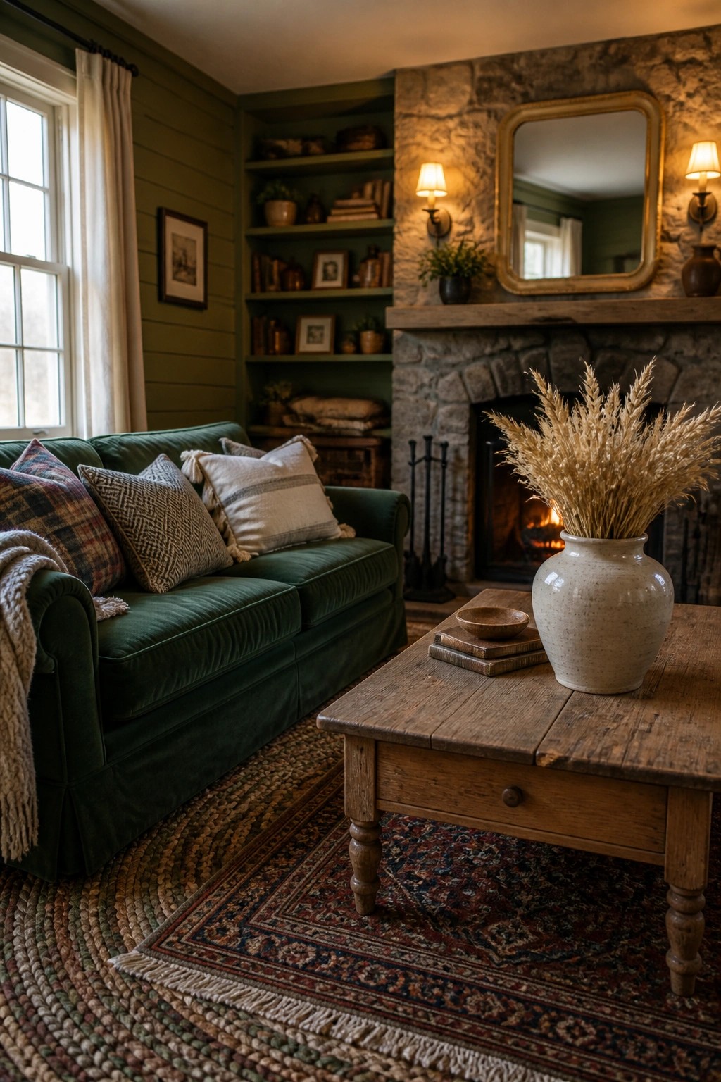 A living room with a green velvet sofa, layered rugs on the floor, a wooden coffee table holding a vase of dried grass, and a stone fireplace with a lit fire.