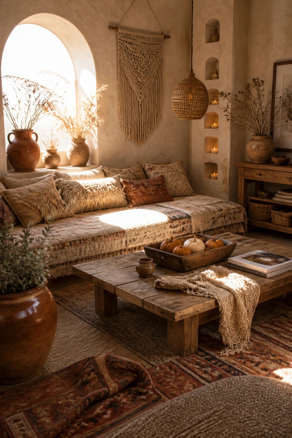A sunlit living room with a low daybed covered in pillows, a wooden coffee table holding a bowl of small pumpkins, multiple layered rugs on the floor, and warm neutral textiles throughout.