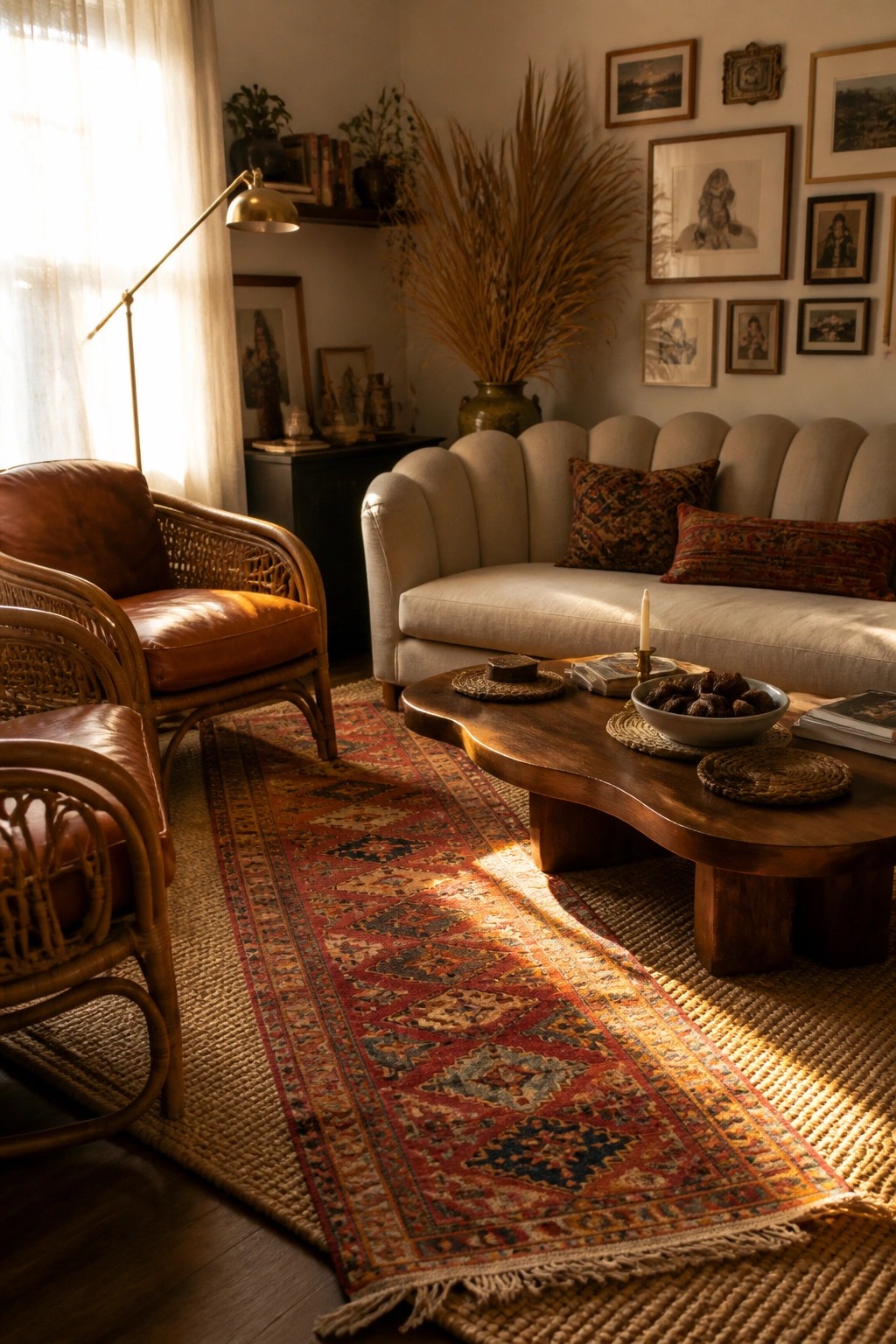 A living room featuring a beige sofa, two rattan armchairs with brown leather cushions, a wooden coffee table, and two layered rugs on a dark wood floor.