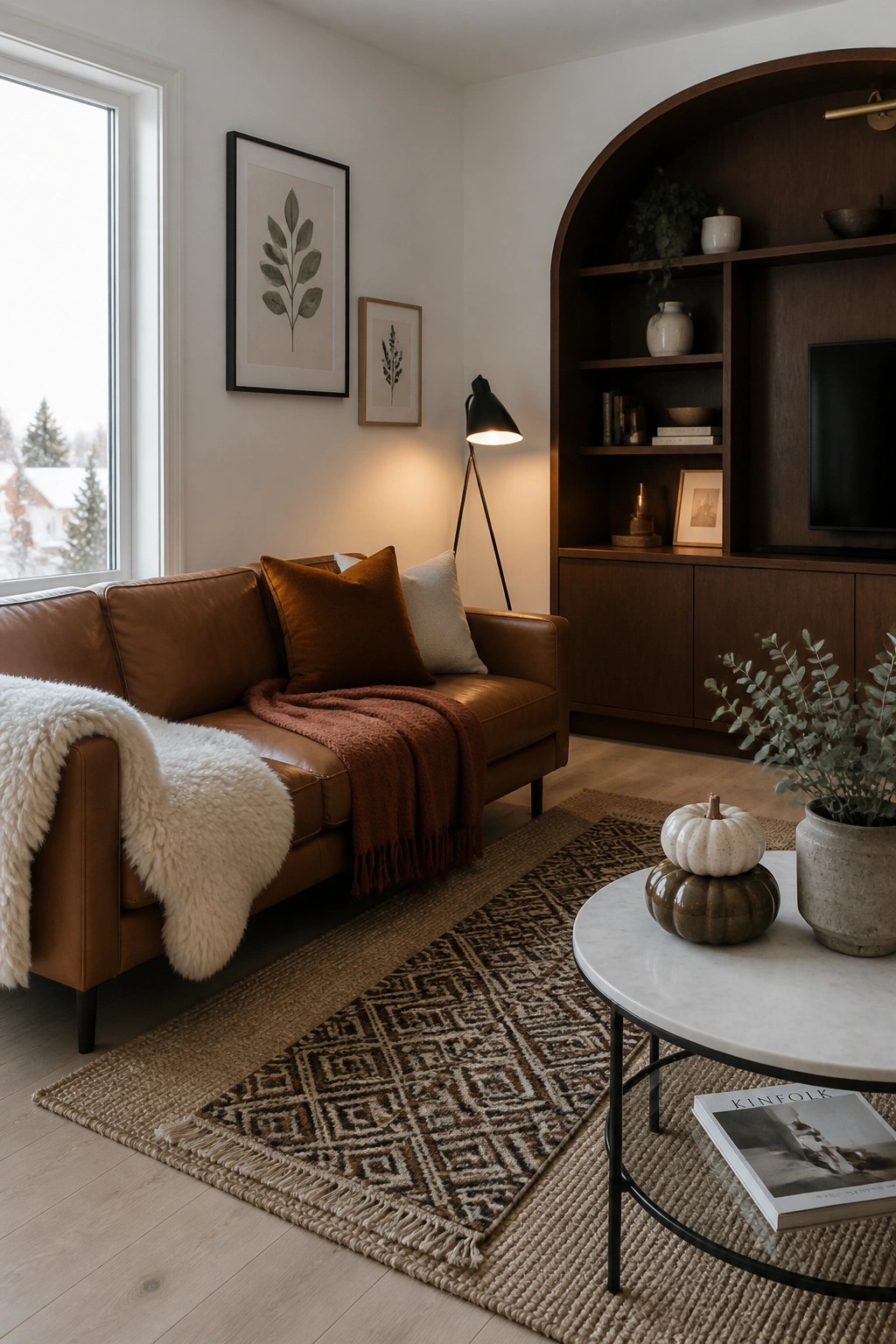 A living room featuring a brown leather sofa with throws and pillows, layered patterned and natural rugs, and a round coffee table with pumpkins.