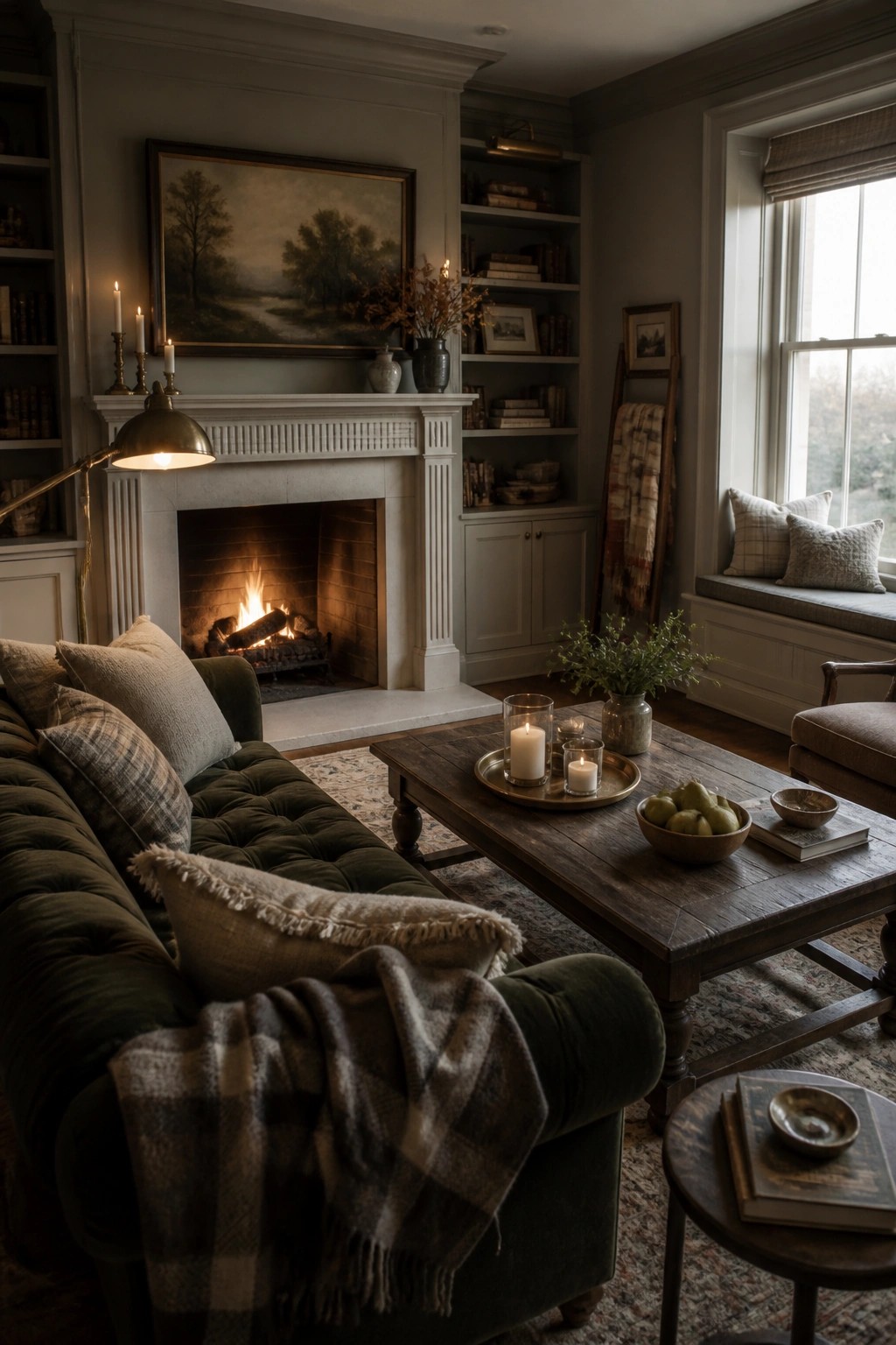 A living room with a green tufted sofa layered with pillows and a plaid throw, a wooden coffee table, and a lit fireplace with built-in bookshelves.