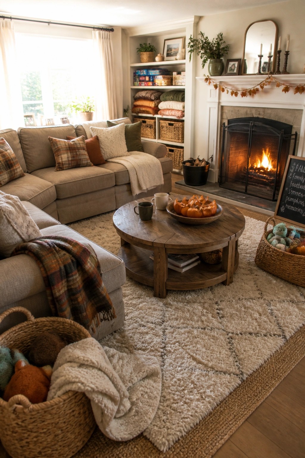 A living room with a beige sectional sofa covered in plaid and solid pillows, a round wooden coffee table on a large shaggy rug, a lit fireplace, and woven baskets holding blankets and toys.