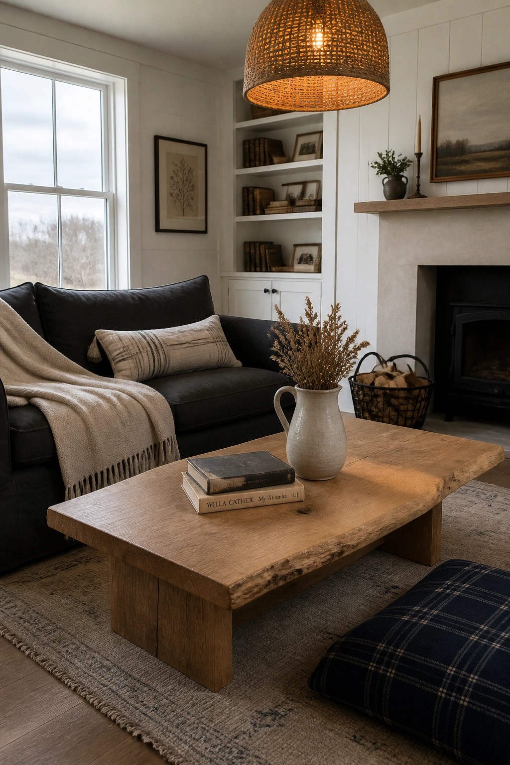 Cozy rustic living room with dark sofa, wooden coffee table, and fireplace.