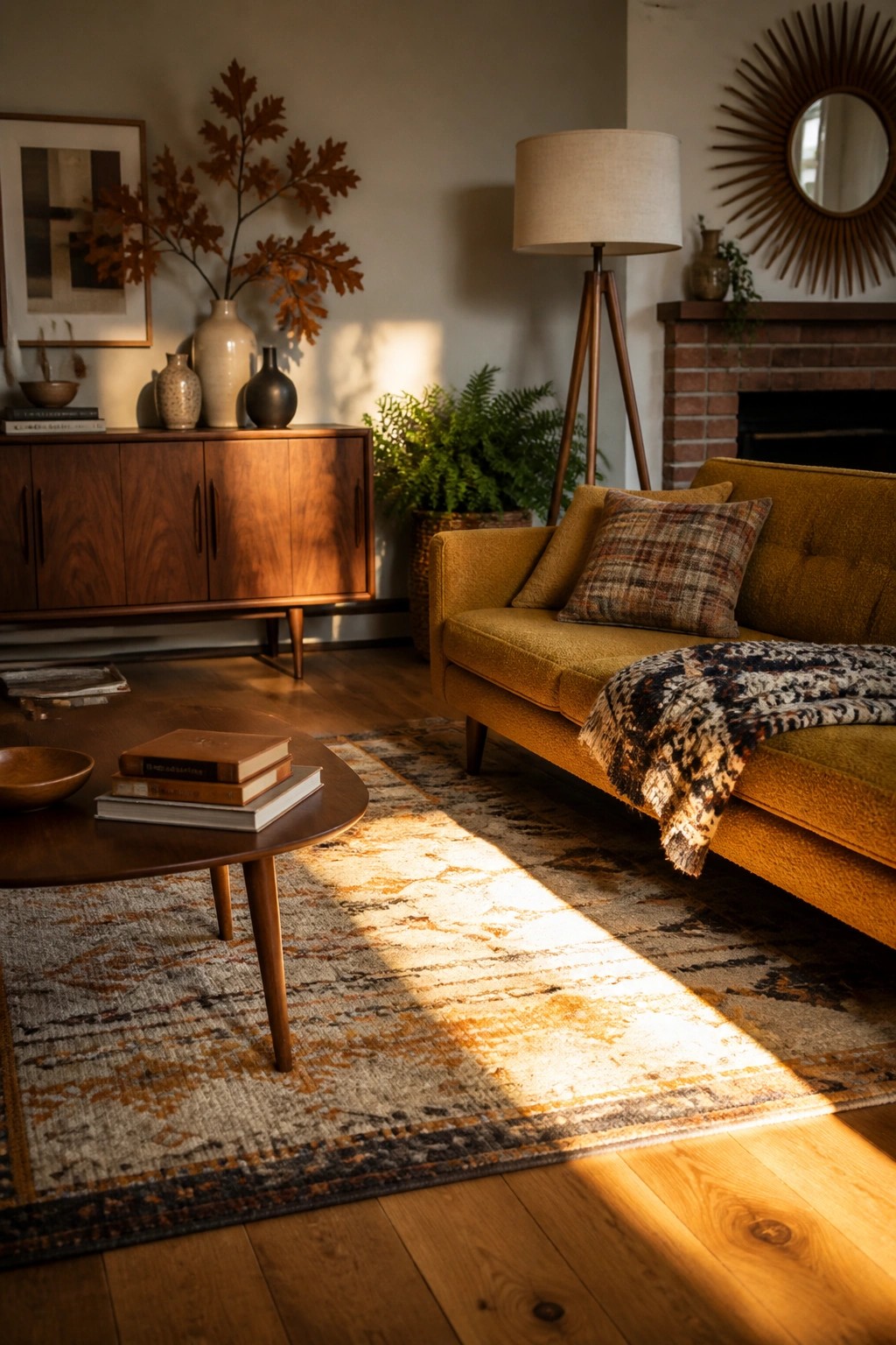 A living room scene showing a mustard yellow sofa with a plaid pillow and a patterned throw blanket draped over one side, set on a patterned rug beside a round wooden coffee table.