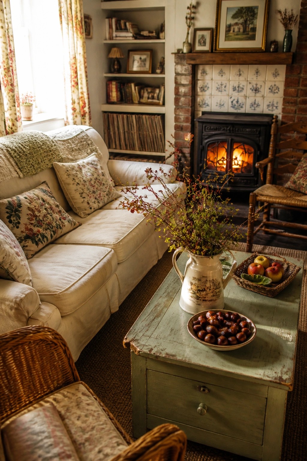A living room featuring a white sofa with layered floral pillows and a green knit throw, a weathered green coffee table holding a ceramic pitcher with branches and a bowl of chestnuts, and a lit wood-burning fireplace with a brick surround.