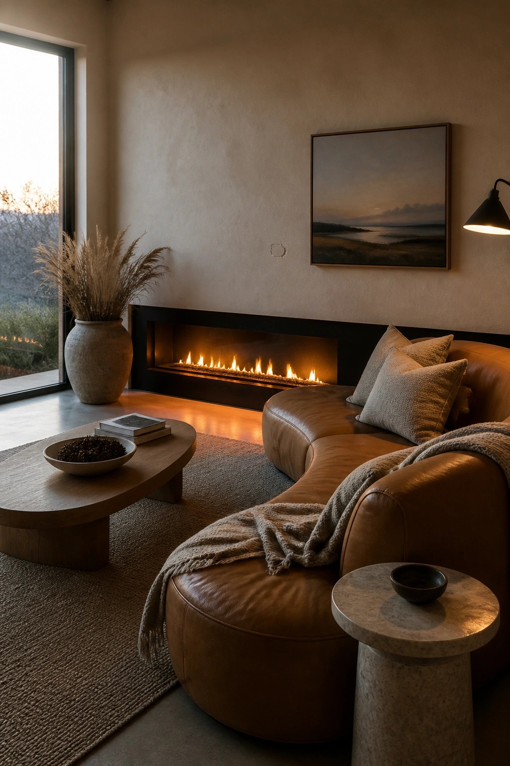 A living room with a curved brown leather sectional sofa layered with beige textiles, positioned in front of a linear fireplace, with a wooden coffee table on a woven rug.