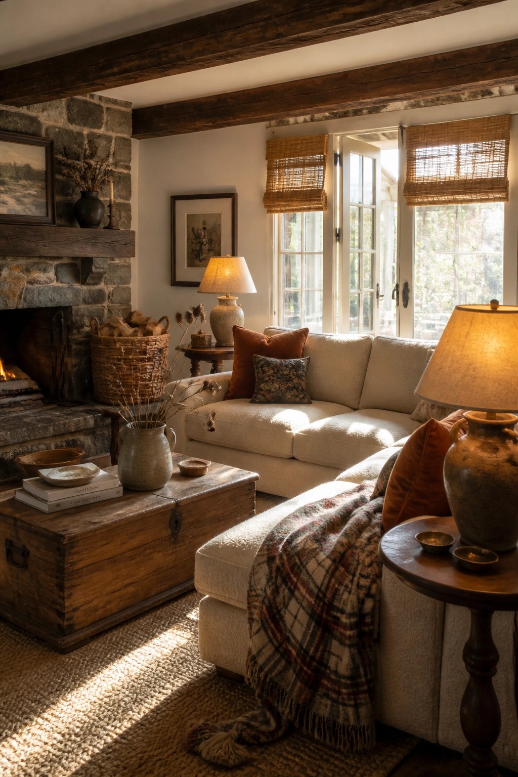 Cozy rustic living room with white sofa, plaid throw, stone fireplace, and sunlit windows